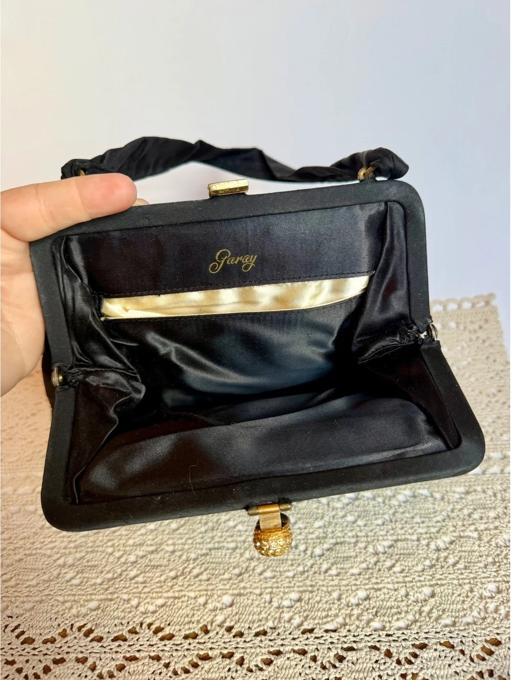 Vintage Garay Black Pleated Evening Handbag Rhinestone Pearl Clasp Purse